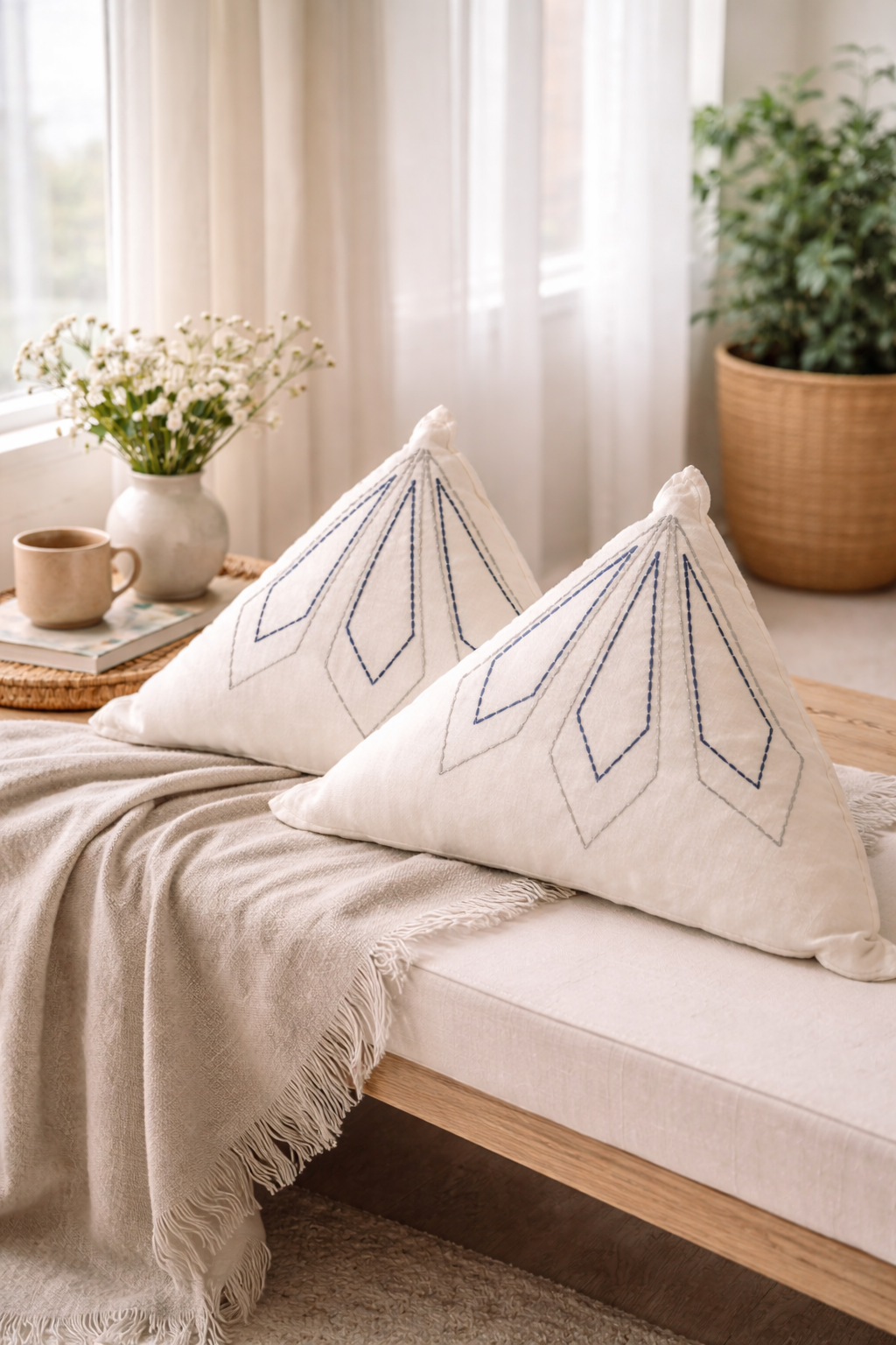 100% Hemp Hand Embroidered anti static triangular Cushion Cases with Cushion